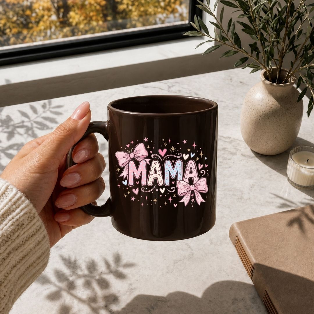 Dark Brown Ceramic Mug with Coquette Mama Graphic Mockup