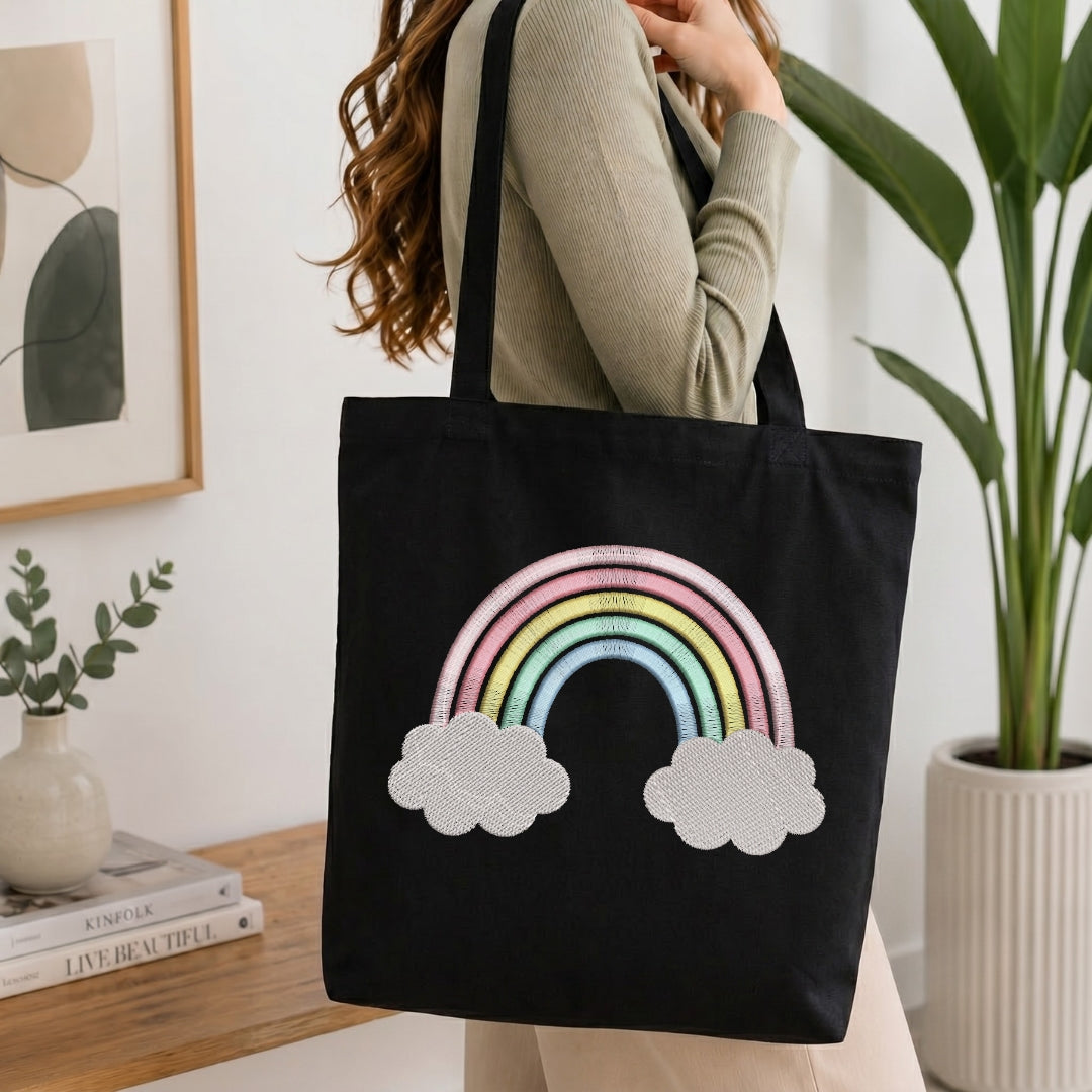 Black Canvas Tote Bag Mockup with Pastel Rainbow Stitched Design