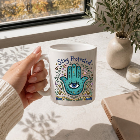 Hand holding a white ceramic coffee mug printed with the protective Hamsa hand graphic and text.