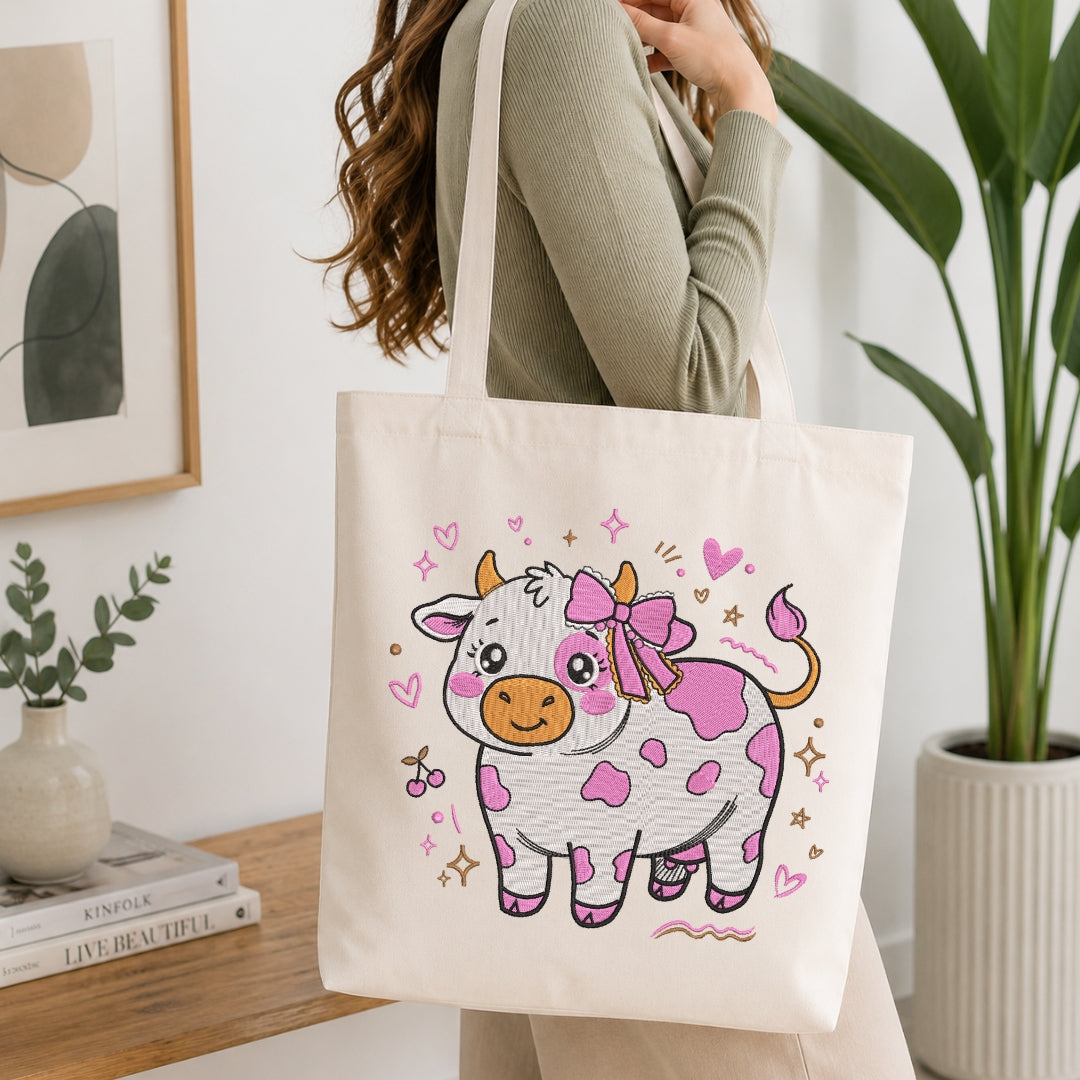 Person carrying a canvas tote bag featuring the stitched pink cow design.