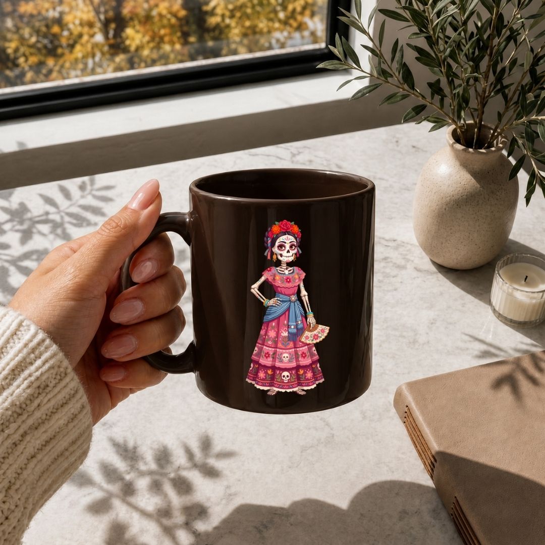 A hand holds a dark brown ceramic mug featuring a colorful Day of the Dead (Dia de los Muertos) skeleton illustration in a pink and blue dress. The mug is shown in a lifestyle setting on a light marble countertop next to a potted plant, a candle, and a book, with natural sunlight casting leaf shadows.