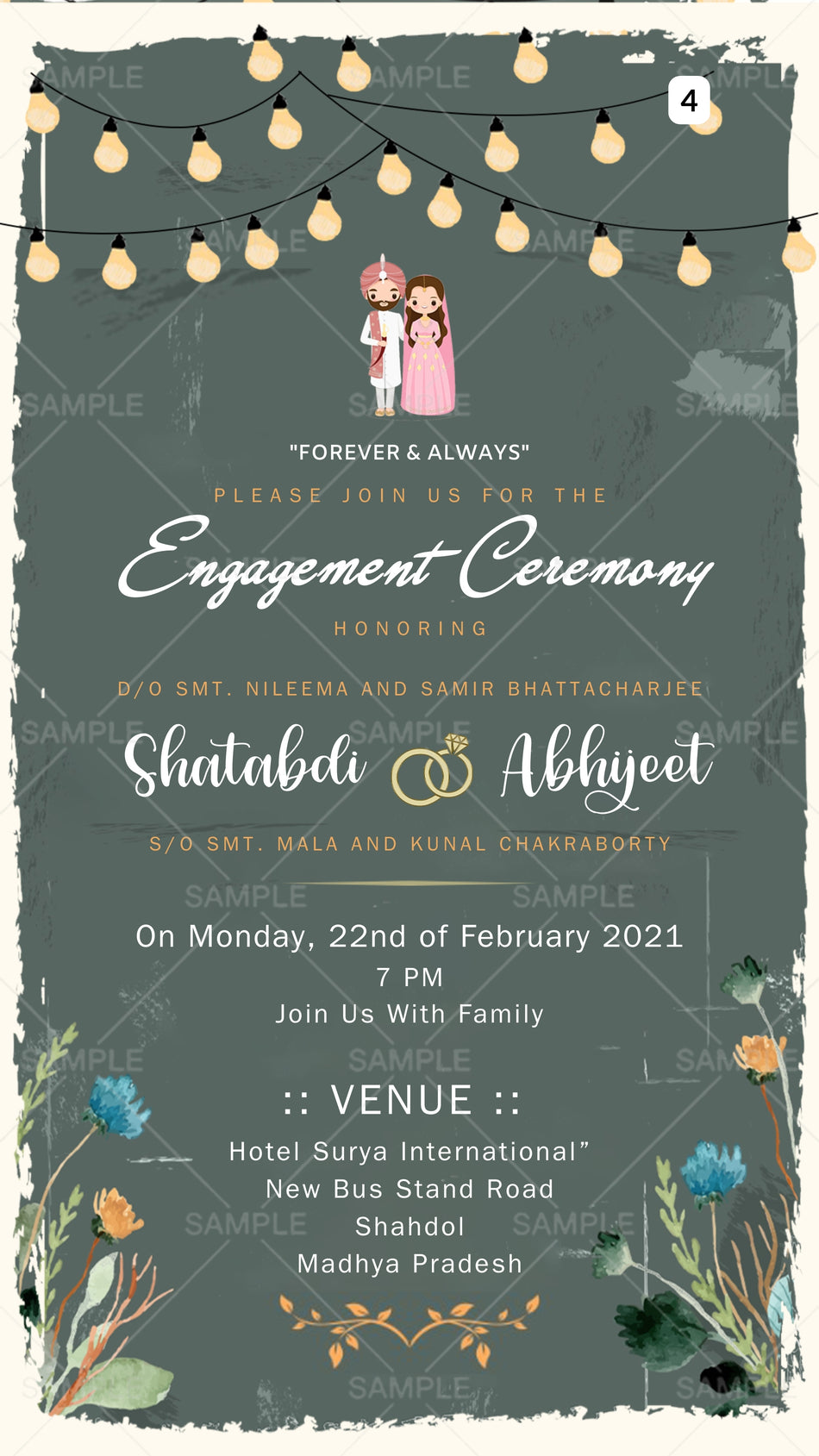 Sikh Engagement invitation card Canva Editable Template in English language with string lights, flowers as minimalistic theme design 4