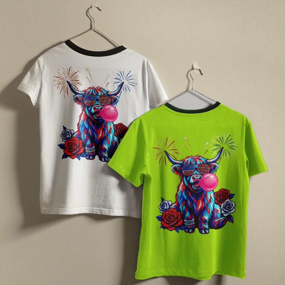 Highland Cow with Bubblegum PNG, Red White and Blue Rose Clipart, Commercial Use Graphics for Cricut