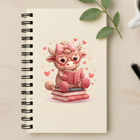 Notebook with a cute cartoon bull reading a book on the cover, surrounded by hearts.