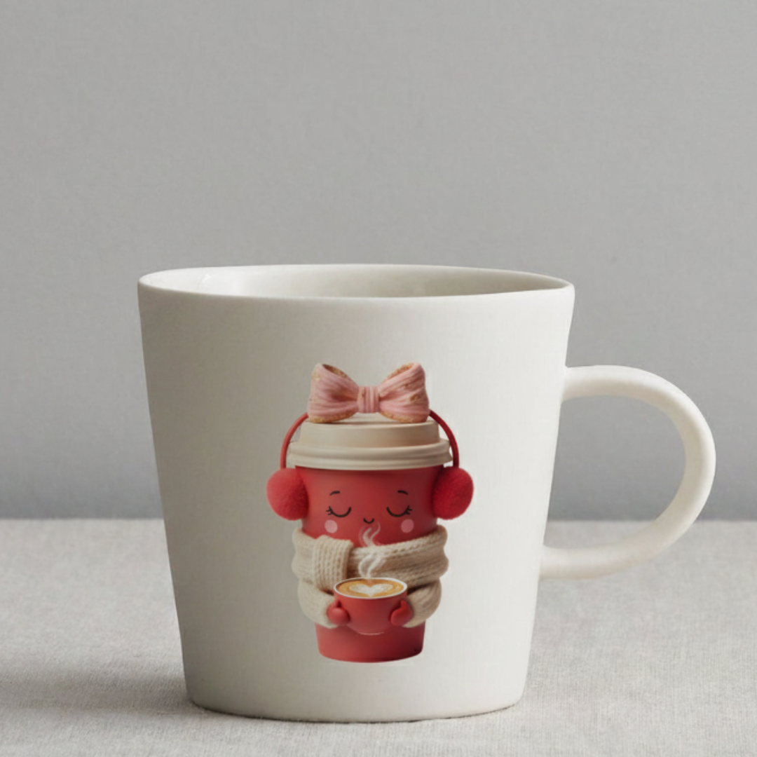 White mug with a cute character design holding a cup on a gray background