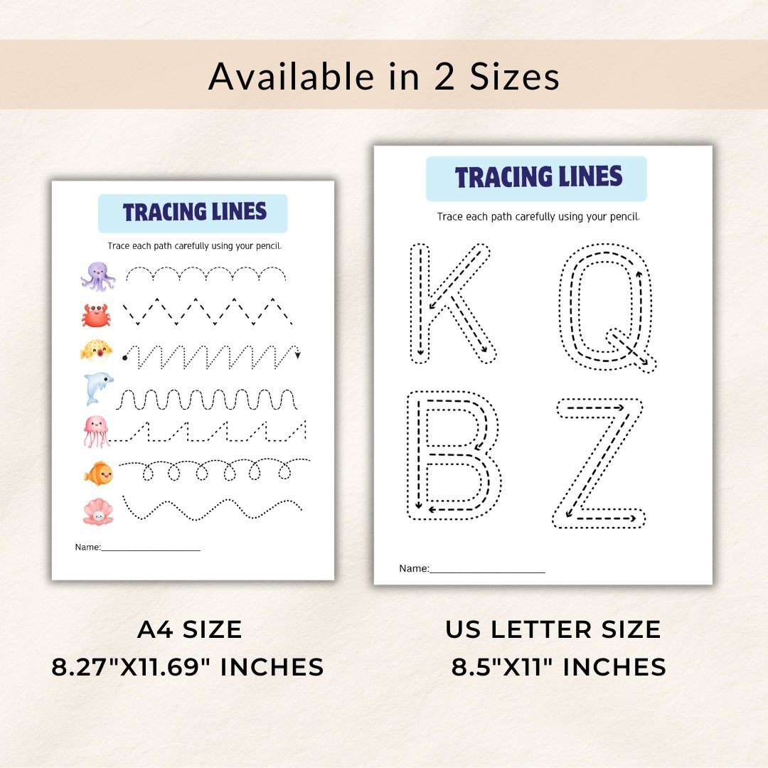 Two tracing lines worksheets for children, one A4 size and one US Letter size, on a beige background.