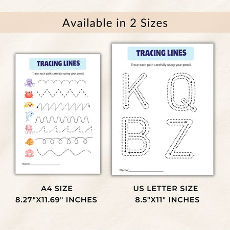 Two tracing lines worksheets for children, one A4 size and one US Letter size, on a beige background.