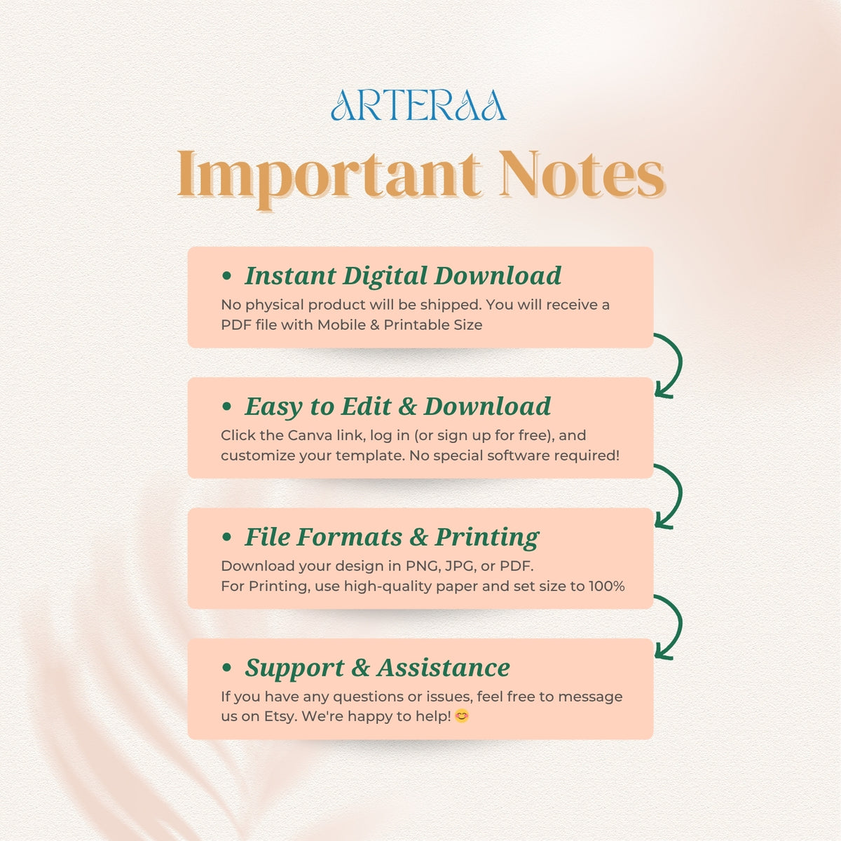 Important notes for a digital product from Arteraa on a light pink background