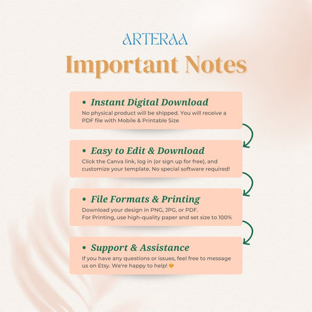 Important notes for a digital product from Arteraa on a light pink background