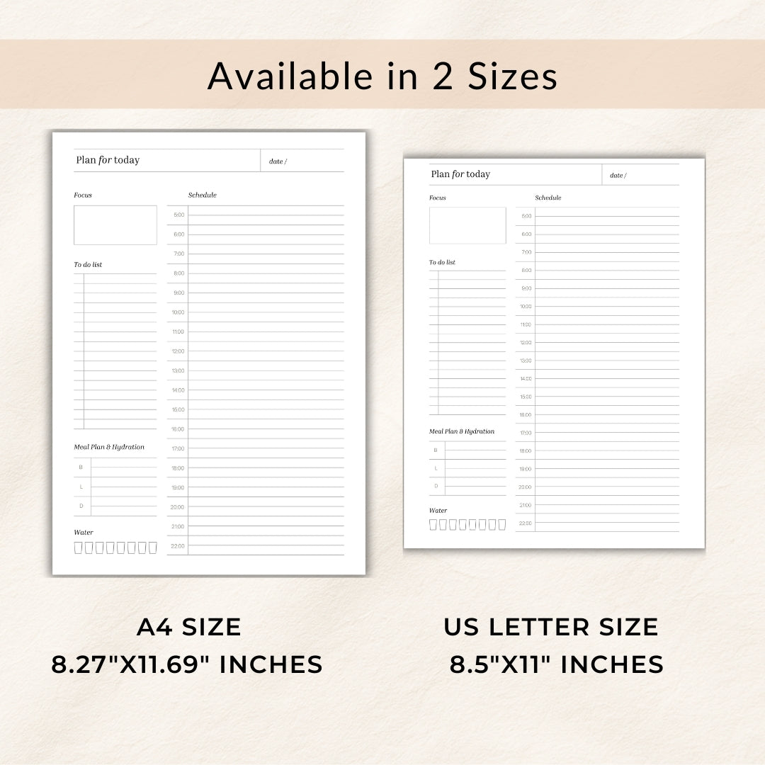 Two planner sheets with text boxes for A4 and US Letter size on a beige background.