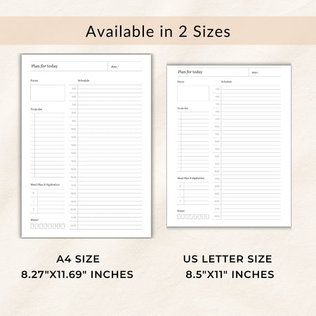 Two planner sheets with text boxes for A4 and US Letter size on a beige background.