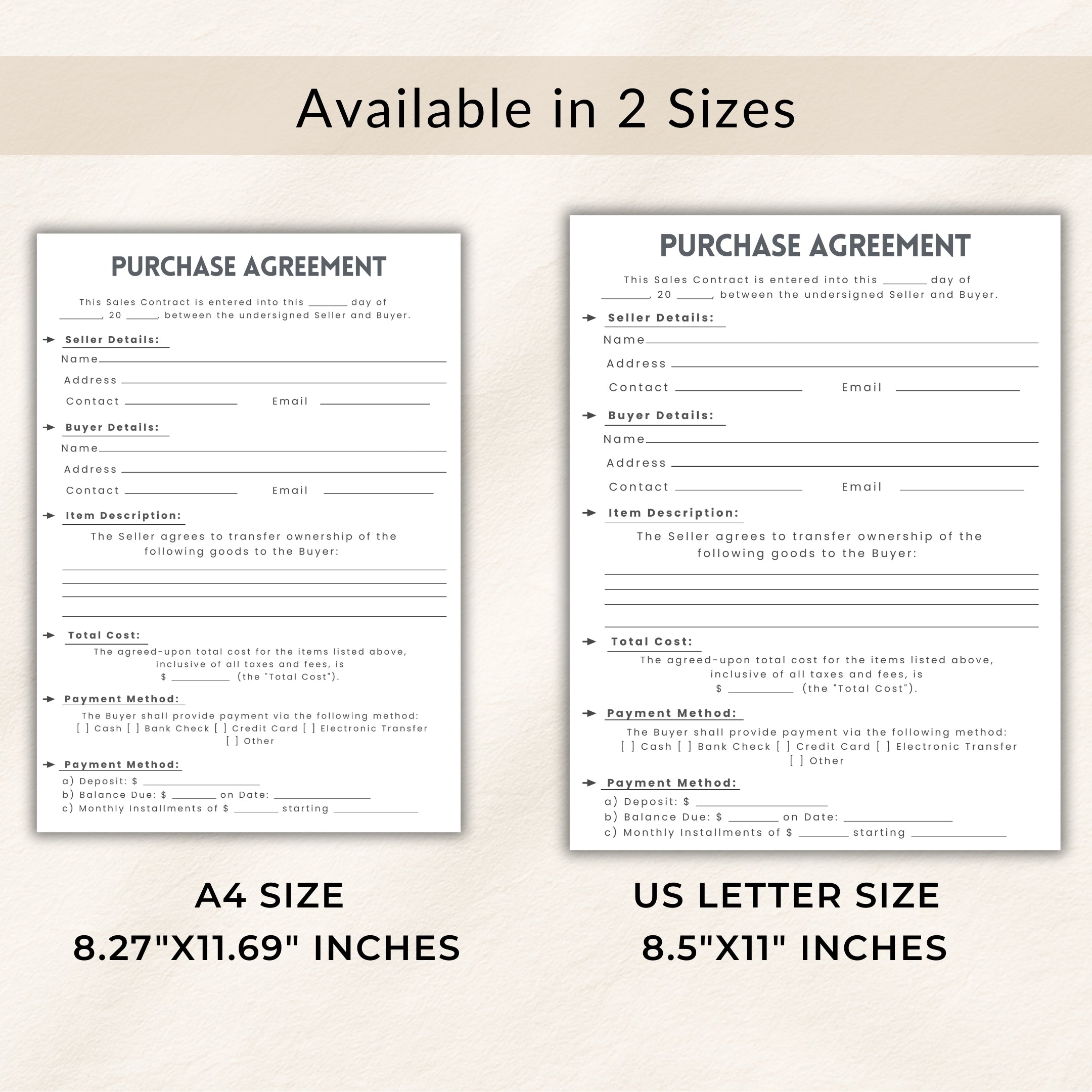Two versions of a purchase agreement form, one A4 size and one US Letter size, on a beige background.