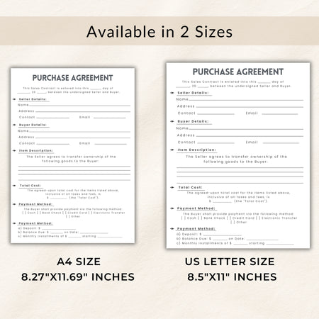 Two versions of a purchase agreement form, one A4 size and one US Letter size, on a beige background.
