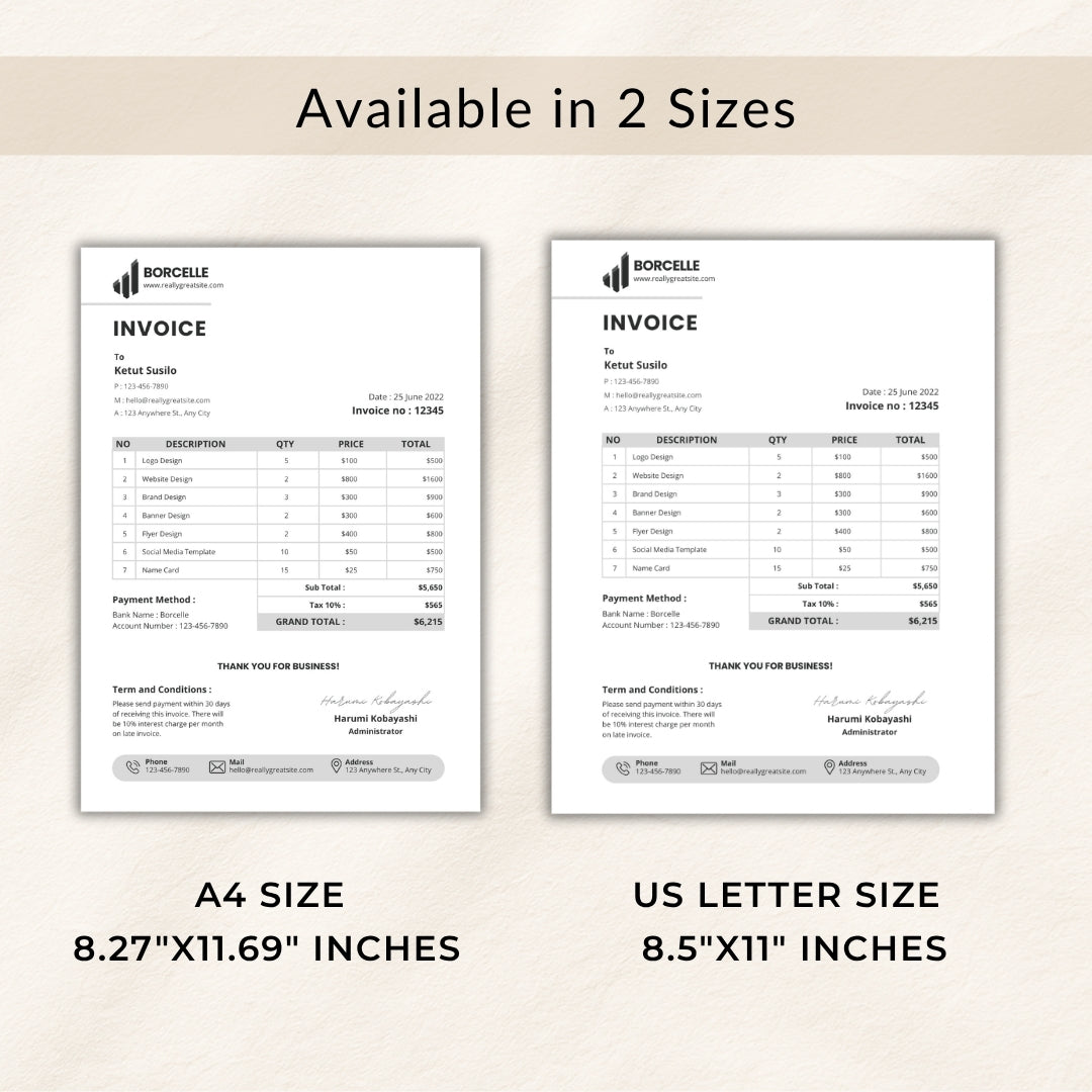 Two invoice templates displayed side by side with text indicating available sizes.