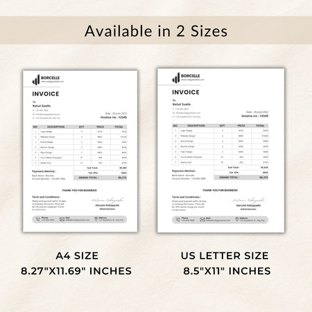 Two invoice templates displayed side by side with text indicating available sizes.