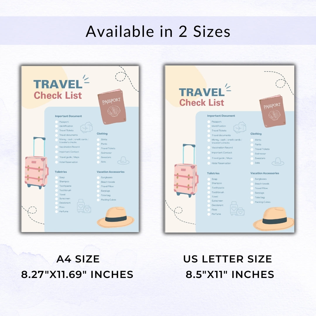 Two travel check list posters with passport, suitcase, and hat illustrations, labeled for A4 and US Letter size.