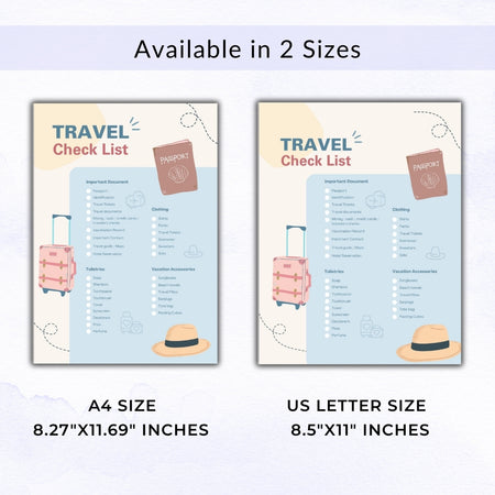 Two travel check list posters with passport, suitcase, and hat illustrations, labeled for A4 and US Letter size.