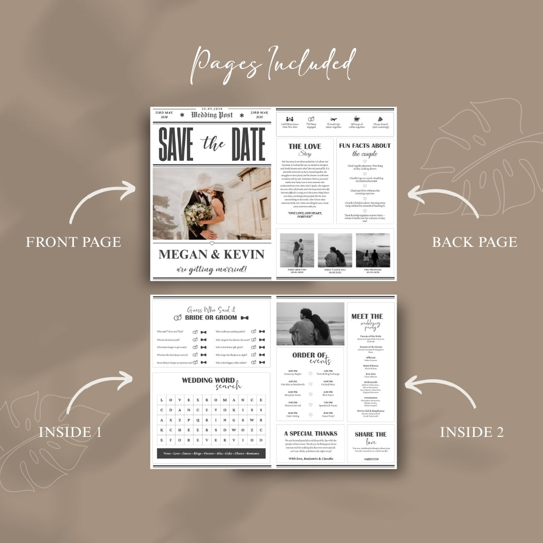 Wedding planner book with front, back, and inside pages on a brown background