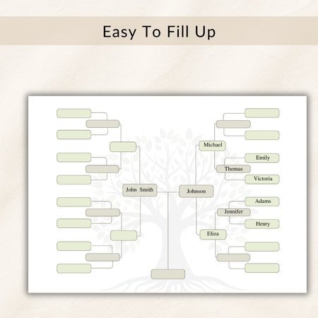 Family tree chart with placeholder names on a light background
