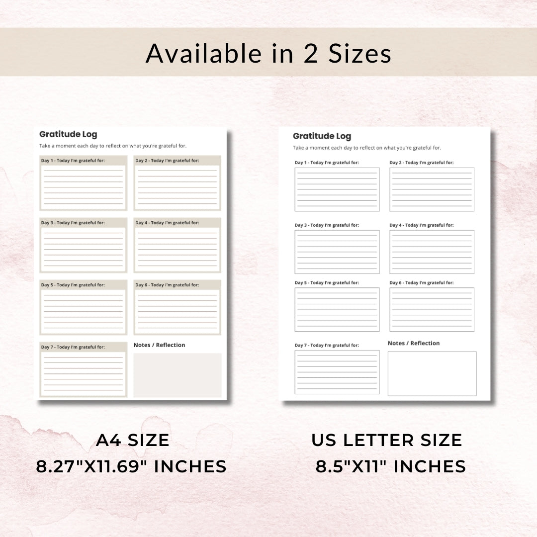 Two gratitude log sheets with A4 and US Letter size options on a light pink background.