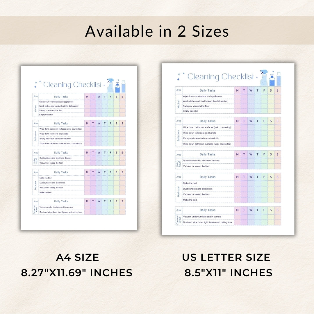 Two cleaning checklists displayed side by side with text indicating available sizes.