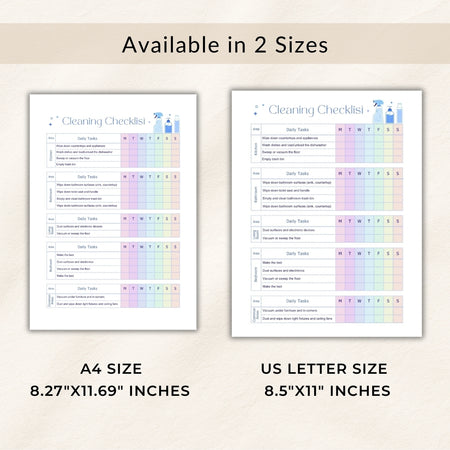 Two cleaning checklists displayed side by side with text indicating available sizes.