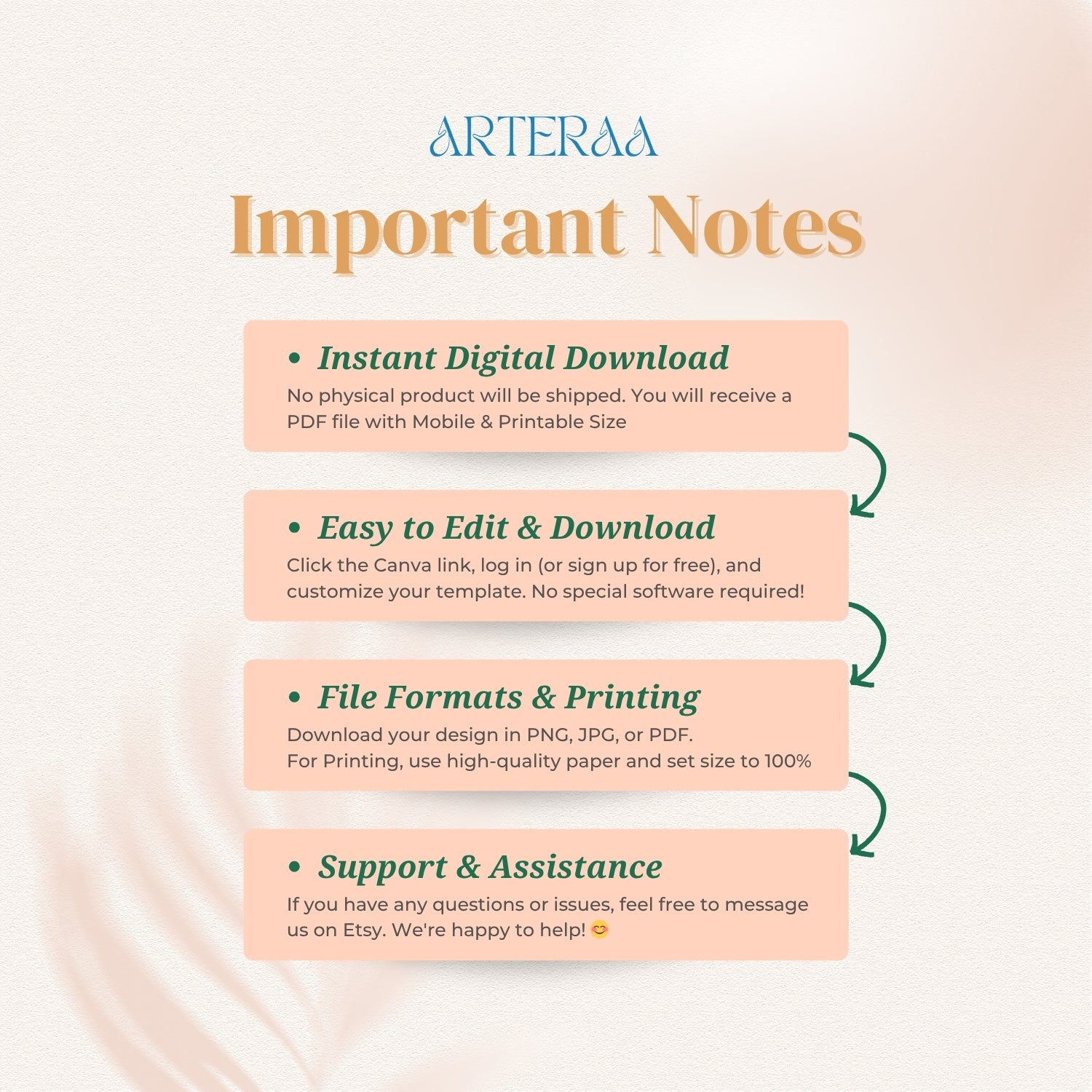 Important notes for a digital product from Arteraa on a light pink background