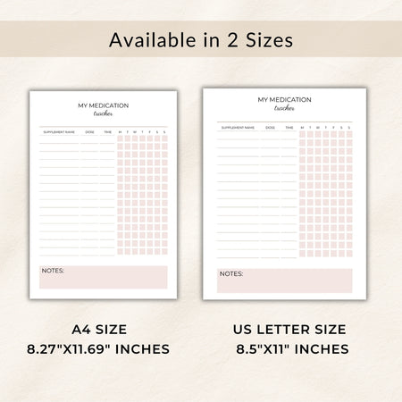 Two medication trackers with text indicating available sizes A4 and US Letter.