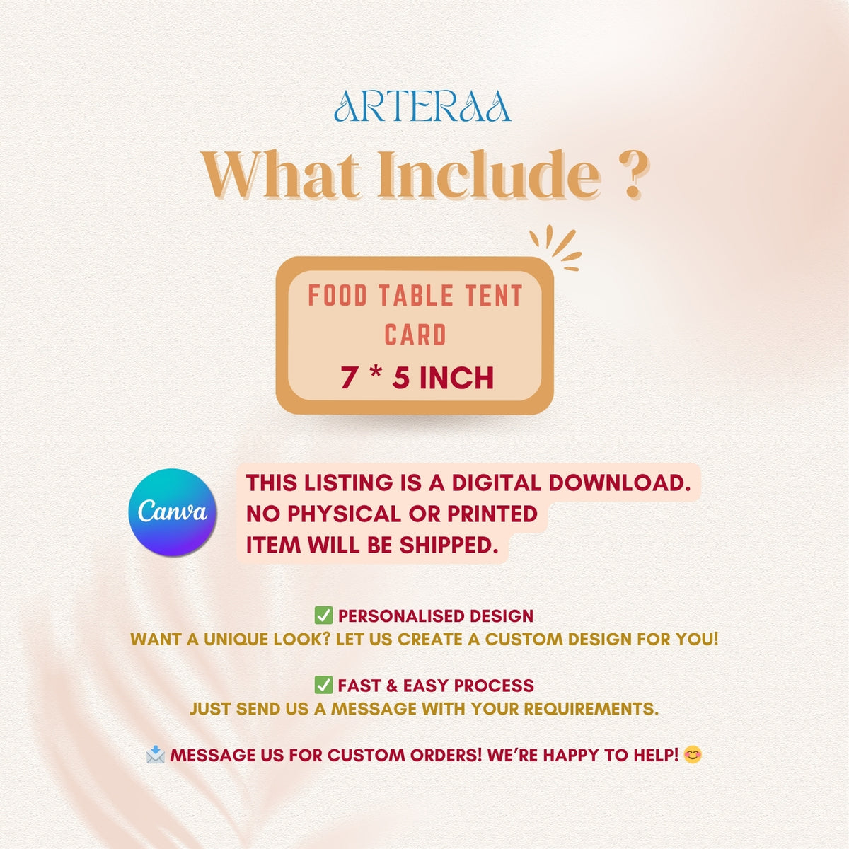 Promotional graphic for Arteraa food table tent cards with product details and Canva branding.