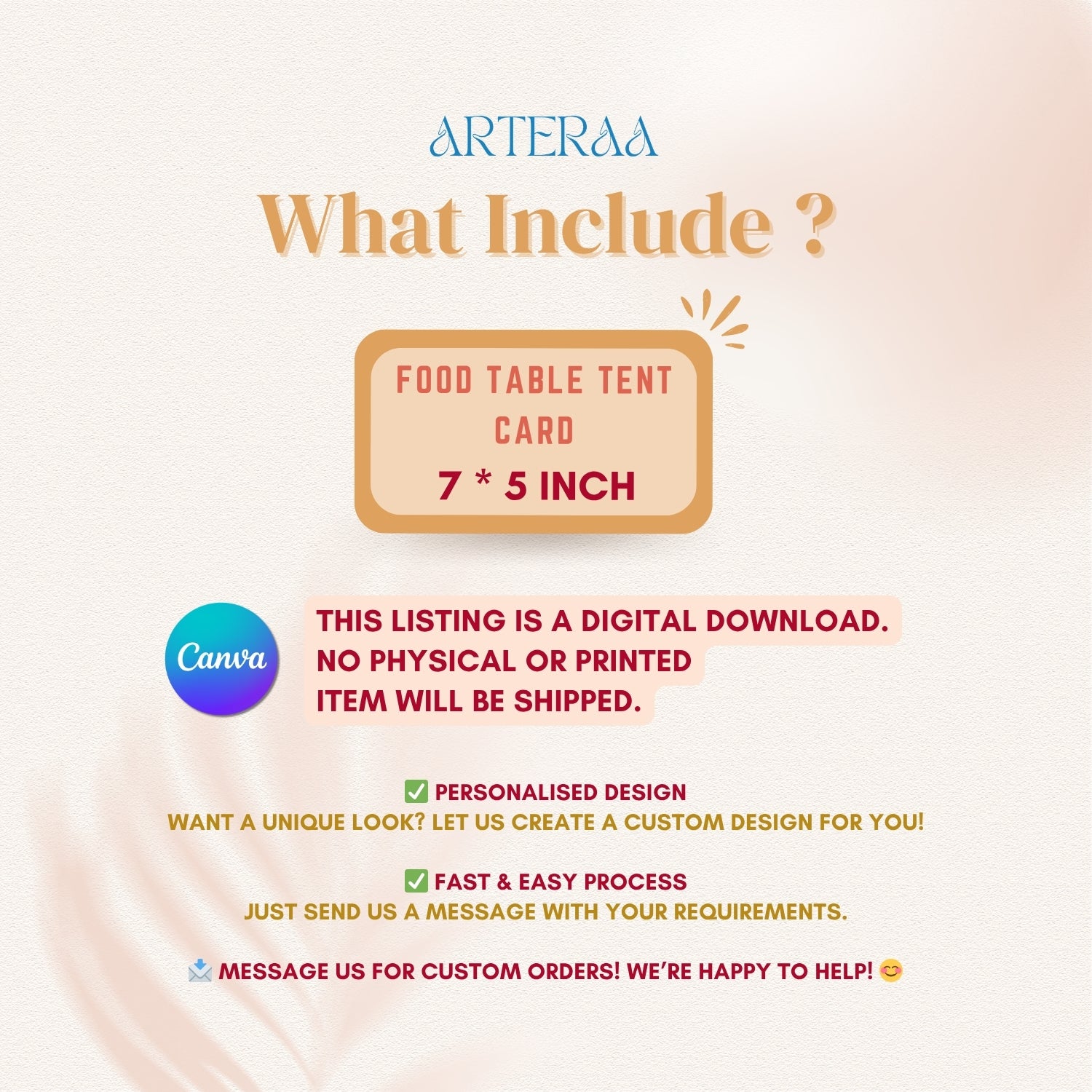 Promotional graphic for Arteraa food table tent cards with product details and Canva branding.
