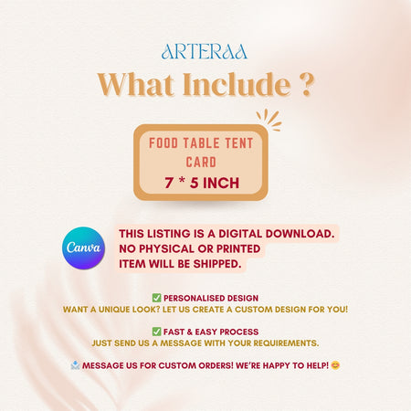Promotional graphic for Arteraa food table tent cards with product details and Canva branding.
