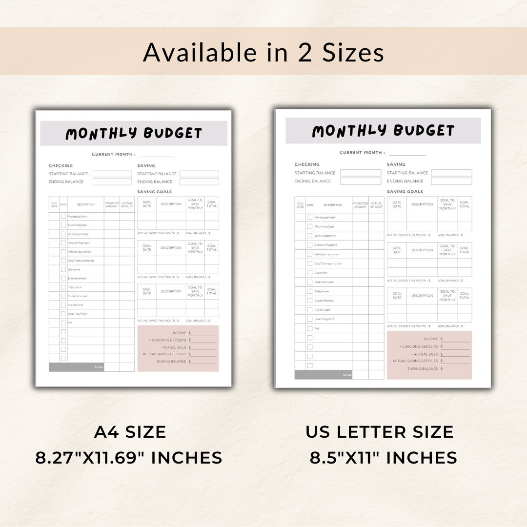 Two versions of a monthly budget sheet, one A4 size and one US Letter size, on a light beige background.