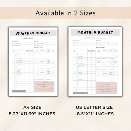 Two versions of a monthly budget sheet, one A4 size and one US Letter size, on a light beige background.