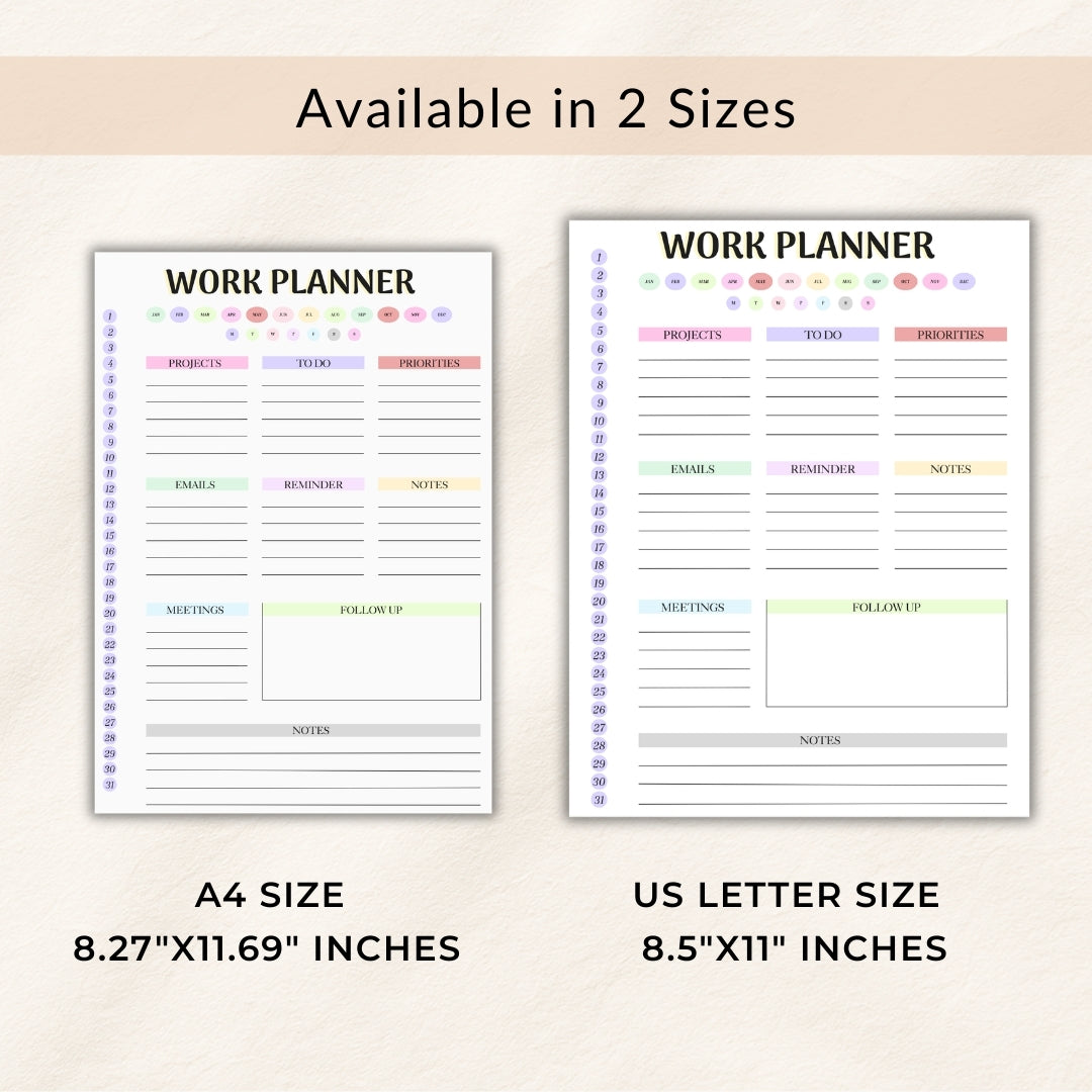 Two work planner pages with A4 and US Letter size labels on a beige background.