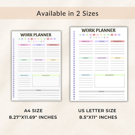 Two work planner pages with A4 and US Letter size labels on a beige background.