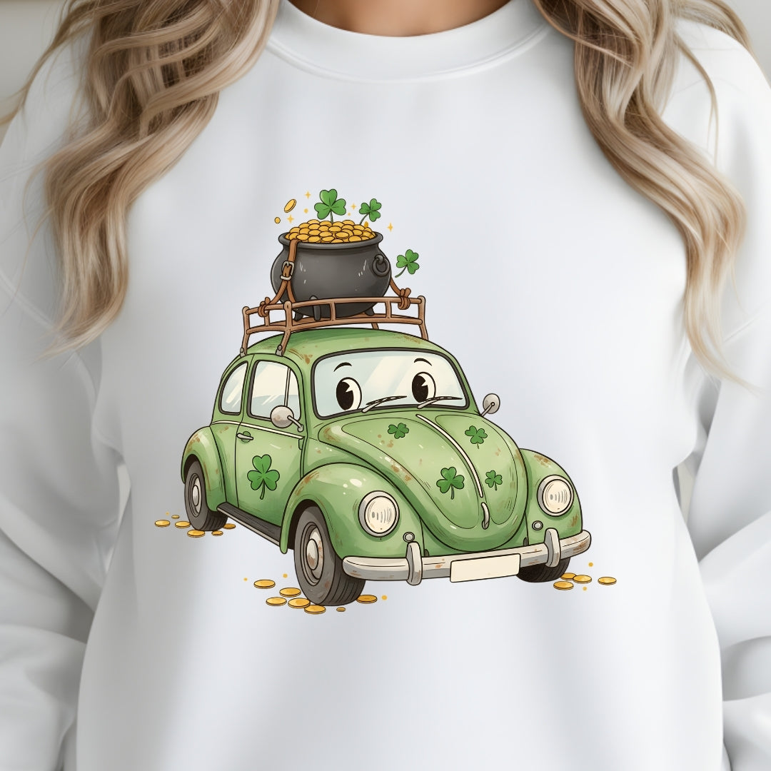 White sweatshirt with a green cartoon car and pot of gold design.