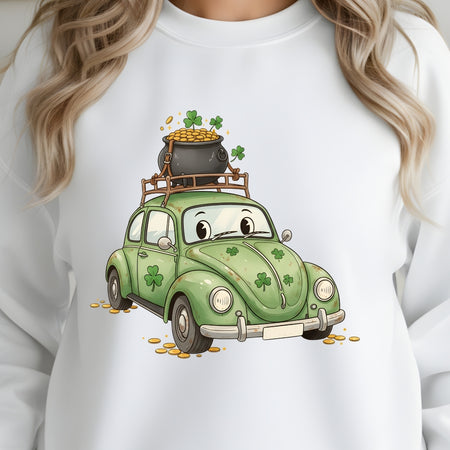 White sweatshirt with a green cartoon car and pot of gold design.