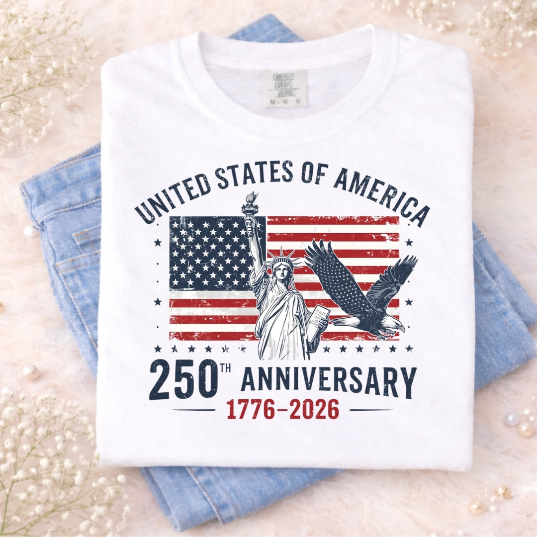 T-shirt with American flag and Statue of Liberty design on a light background
