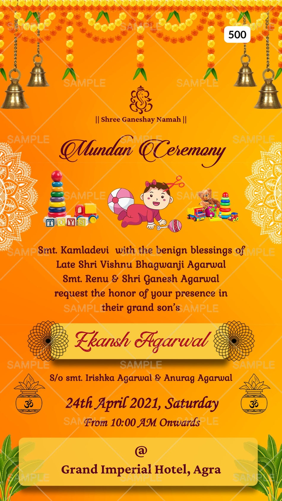 Mundan Ceremony invitation card Canva Editable Template in english language with merigold flowers, baby doodle, bells as traditional theme design 500