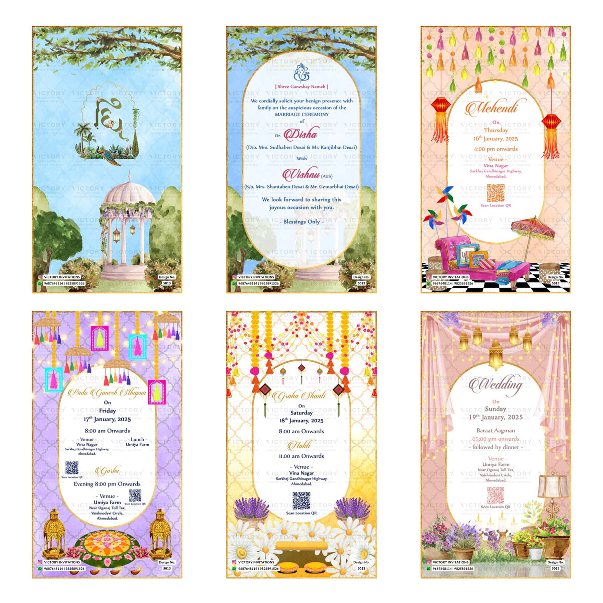 Traditional Indian wedding digital invitation card set 5013 featuring Mehendi, Pada Ganesh Sthapna, Garba, Graha Shanti, Haldi, and Wedding templates.