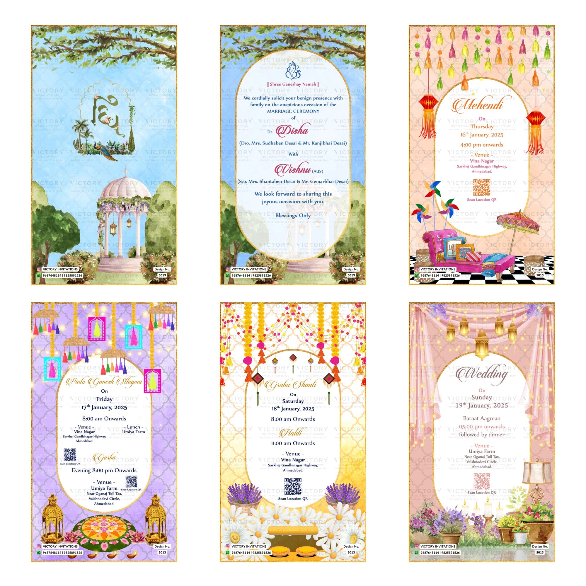 Traditional Indian wedding digital invitation card set 5013 featuring Mehendi, Pada Ganesh Sthapna, Garba, Graha Shanti, Haldi, and Wedding templates.