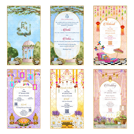 Traditional Indian wedding digital invitation card set 5013 featuring Mehendi, Pada Ganesh Sthapna, Garba, Graha Shanti, Haldi, and Wedding templates.