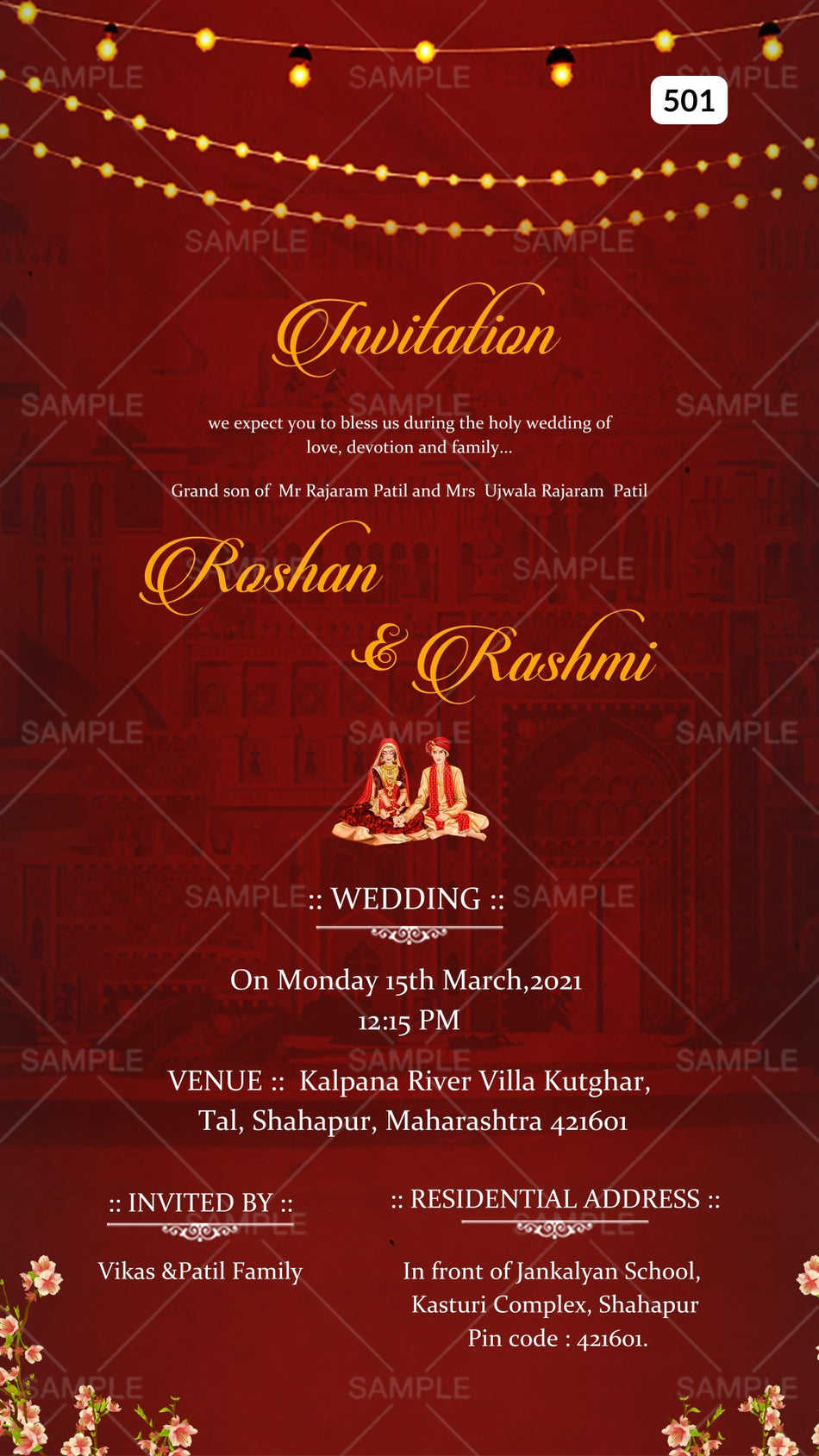 Wedding ceremony invitation card Canva Editable Template of hindu maharashtrian marathi family in english language with Shining theme design 501