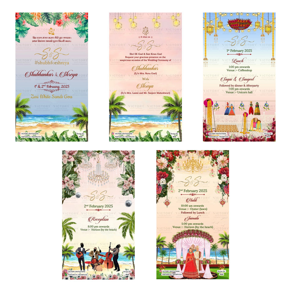 Five wedding invitation card designs arranged in a grid, each featuring tropical beach scenes, floral arrangements, chandeliers, and traditional Indian wedding elements on pastel backgrounds.