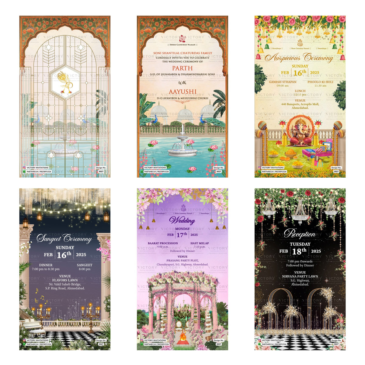 Six vertical wedding invitation card designs arranged in a 2x3 grid, each with ornate decorative borders, floral details, and event text such as 'Engagement Ceremony,' 'Wedding,' and 'Nuptse Ceremony.'.