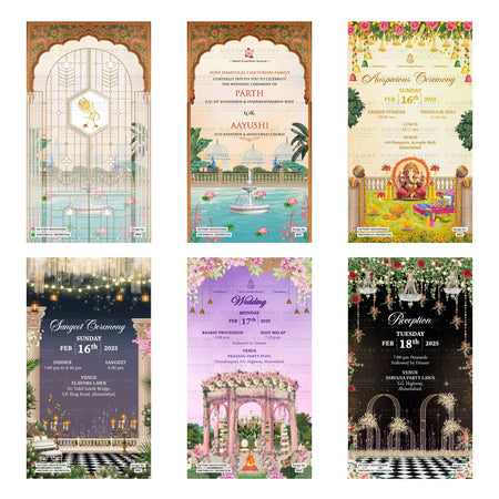 Six vertical wedding invitation card designs arranged in a 2x3 grid, each with ornate decorative borders, floral details, and event text such as 'Engagement Ceremony,' 'Wedding,' and 'Nuptse Ceremony.'.