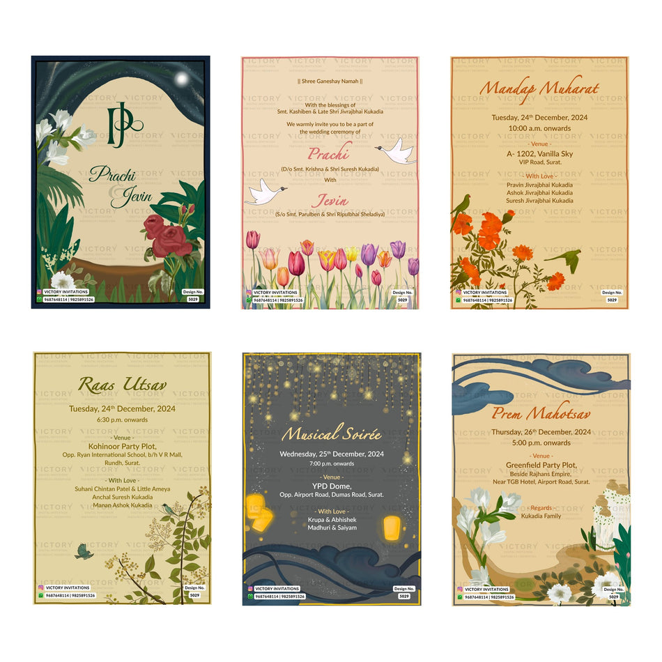 Six wedding invitation card designs arranged in a 2x3 grid, featuring traditional Indian themes with illustrations of flowers, elephants, birds, and celestial patterns on beige, navy, and green backgrounds.