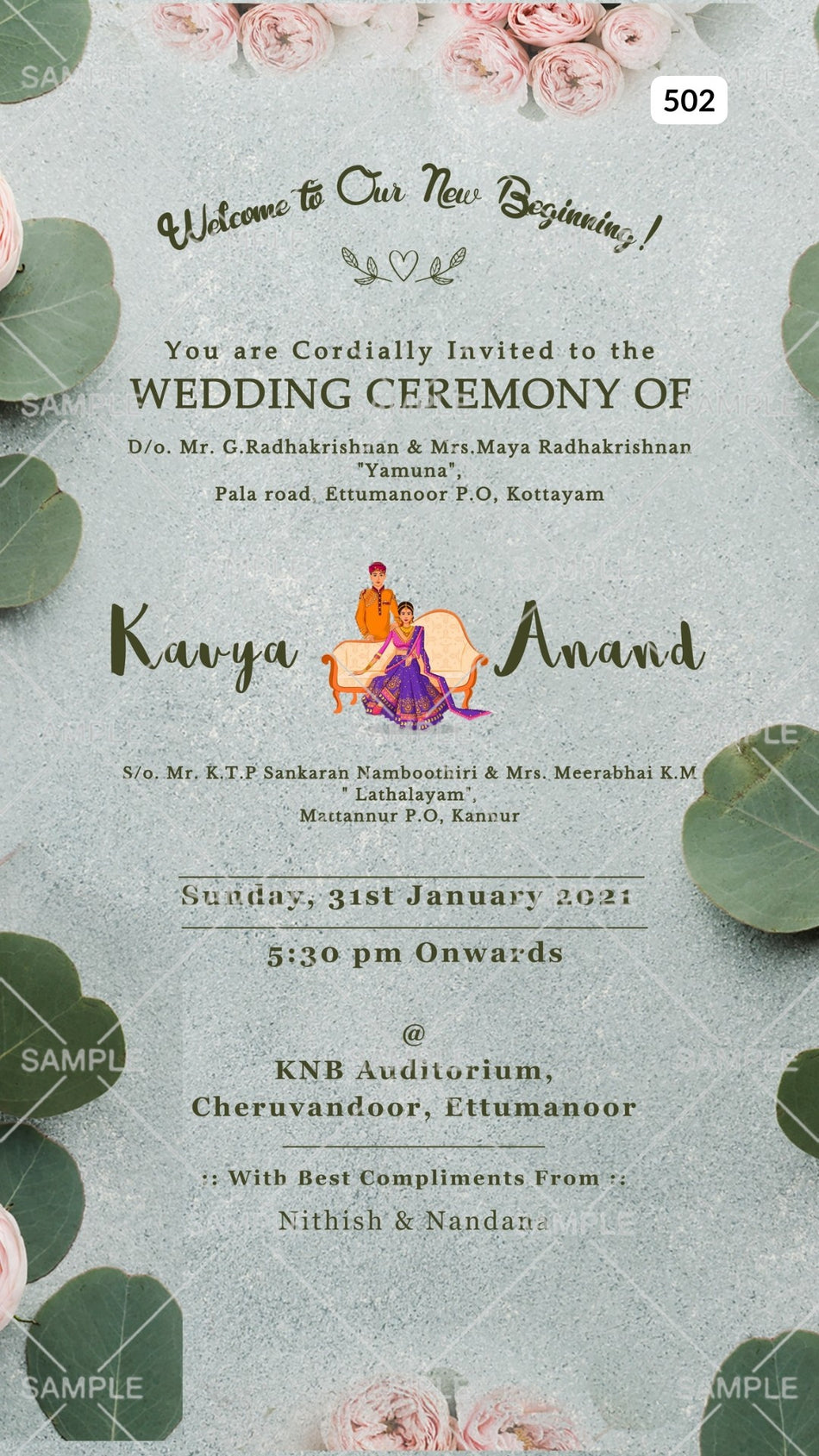 Wedding ceremony invitation card Canva Editable Template of hindu south indian malayali family in english language with  Floral theme design 502