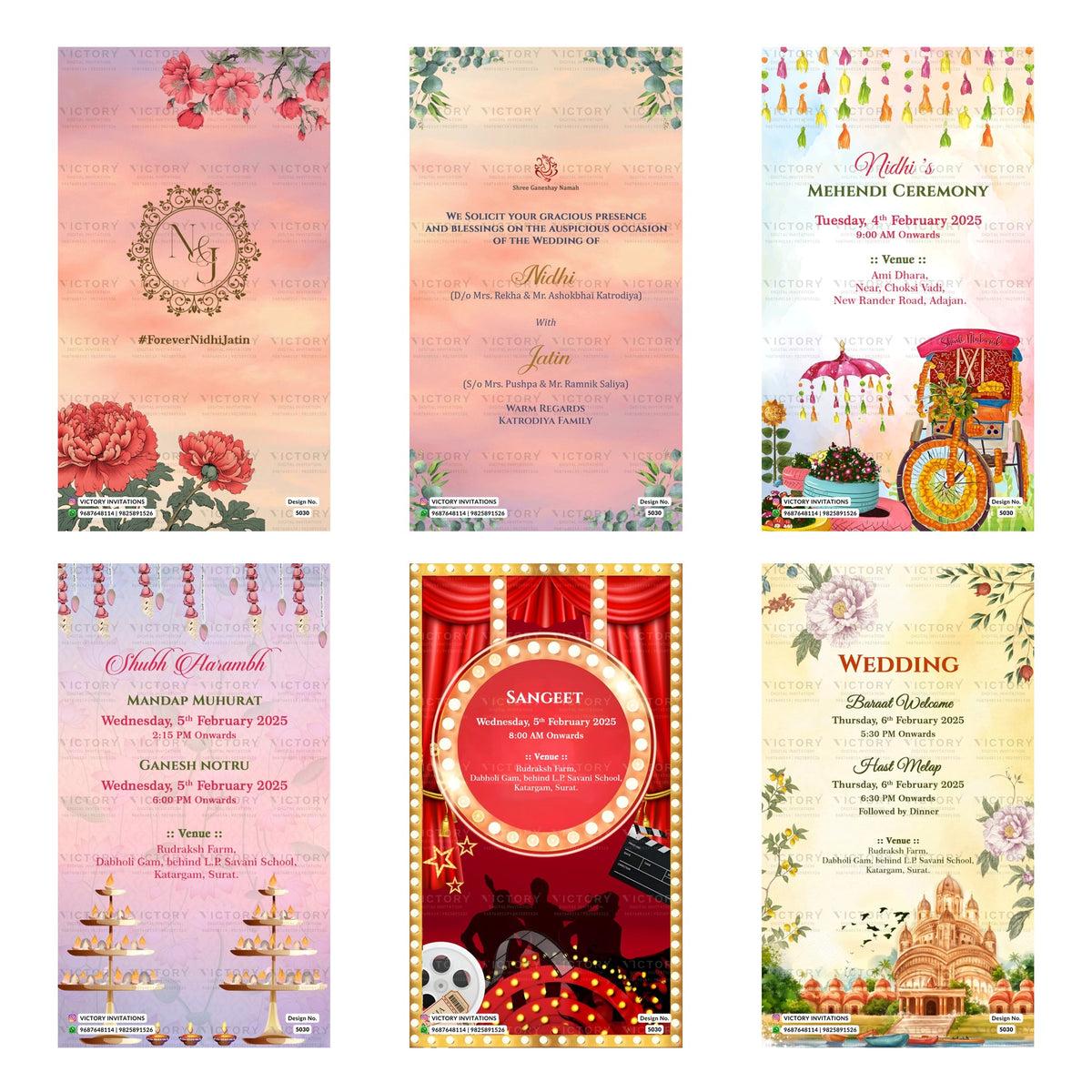 Floral themed Indian wedding digital invitation card set 5030 featuring Mehendi Ceremony, Mandap Muhurat, Sangeet, Wedding, and Hast Melap templates.