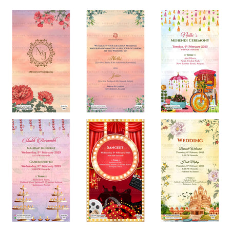 Floral themed Indian wedding digital invitation card set 5030 featuring Mehendi Ceremony, Mandap Muhurat, Sangeet, Wedding, and Hast Melap templates.